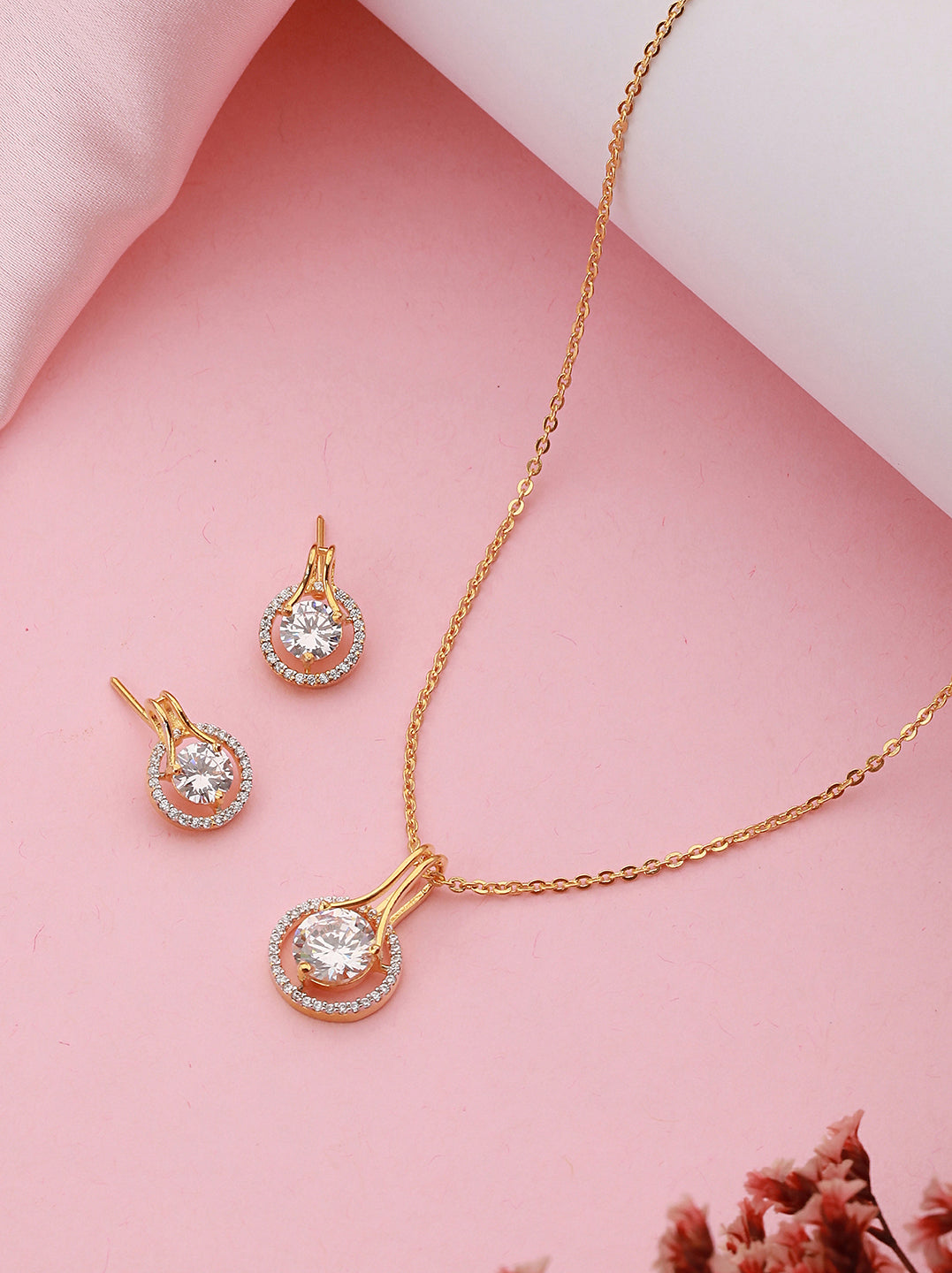 Gold Toned Solitaire AD Studded Minimal Locket Jewellery  Set