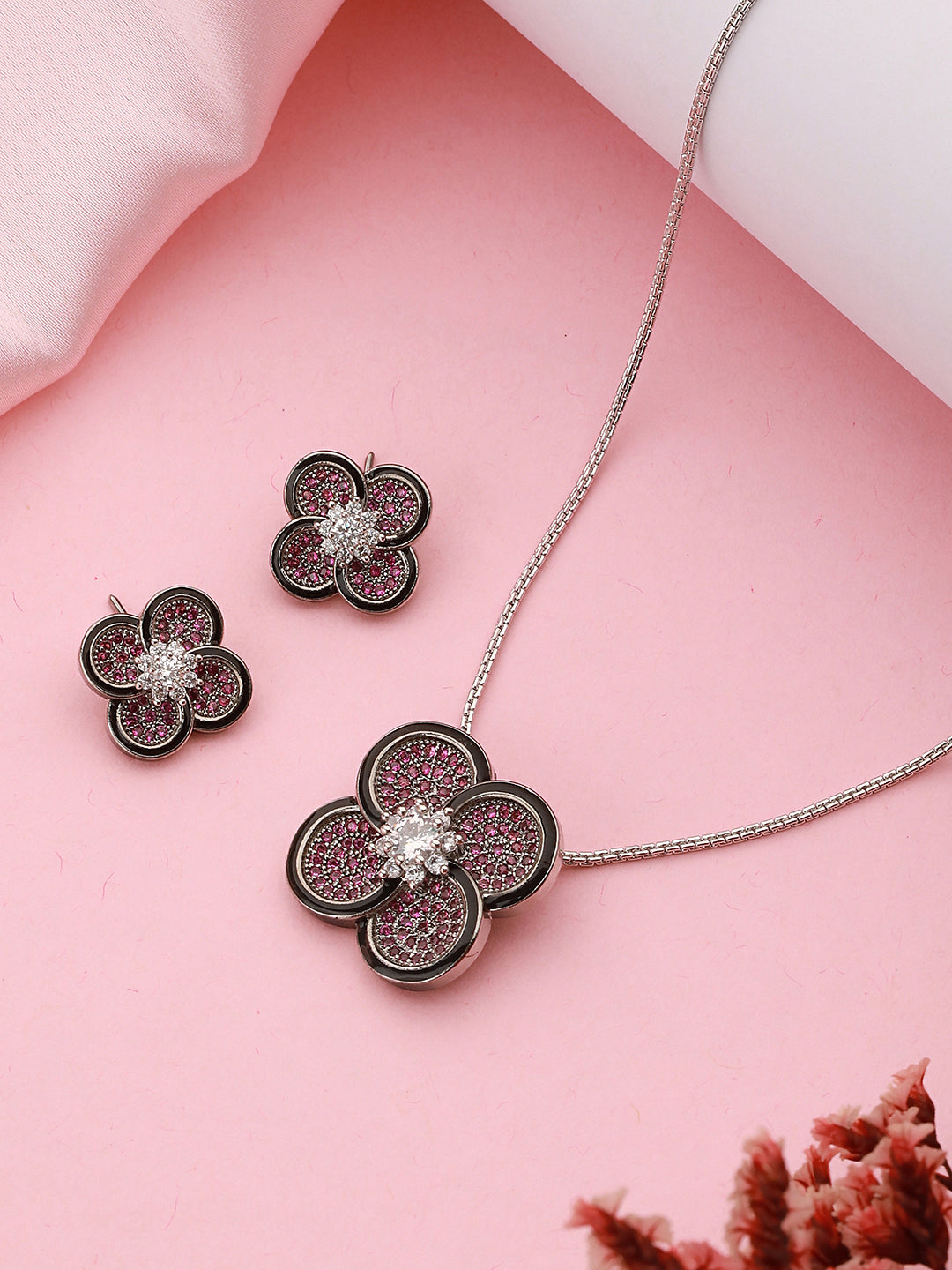 Silver Plated Red AD Studded Floral Designer Locket Jewellery  Set