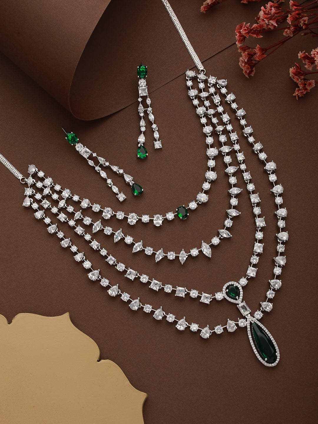 Silver Plated Green AD Multilayered Luxe Bridal Jewellery  Set