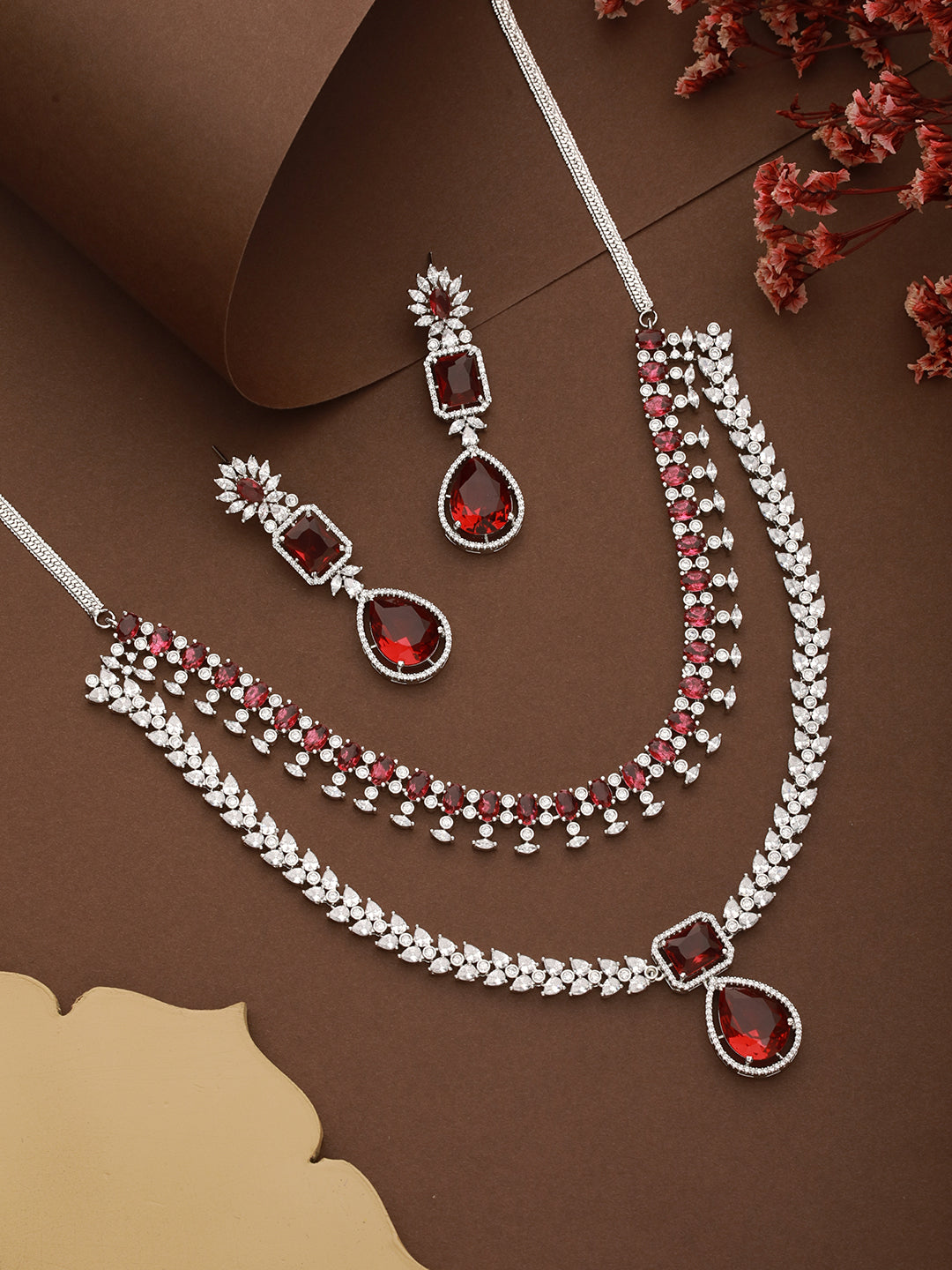 Silver Plated Red Ruby Studded Double lined Modern Bridal Jewellery Set