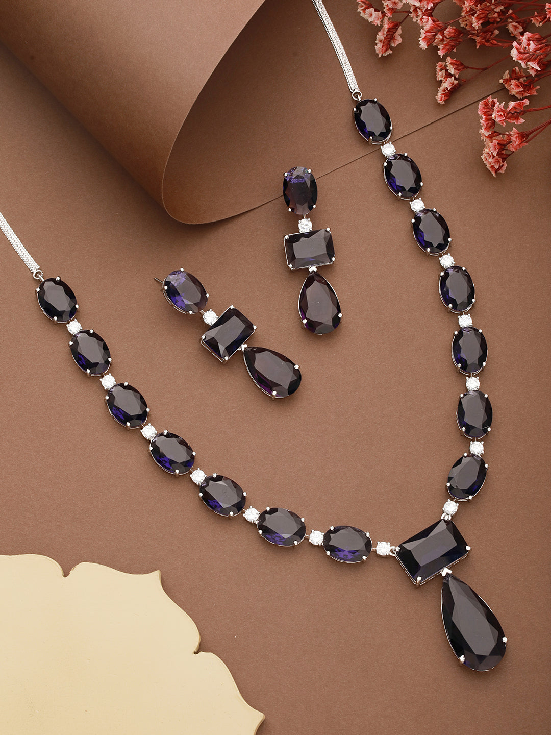 Silver Toned Blue  Amethyst   Doublet Studded Luxe Designer Necklace Jewellery  Set