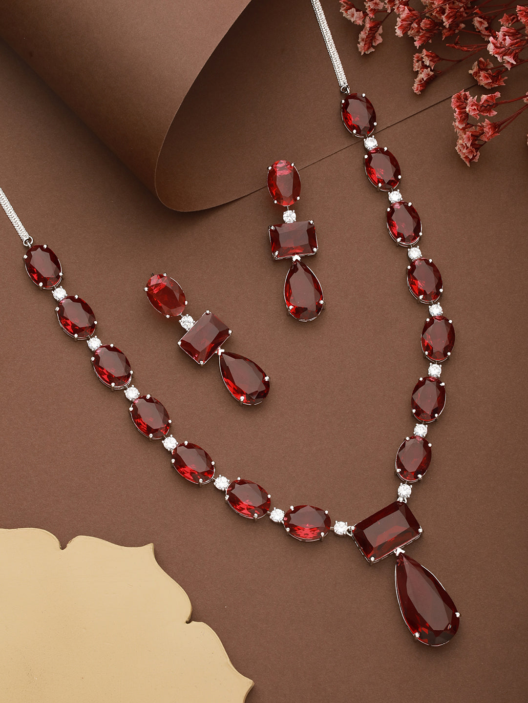 Silver Toned Red Ruby Designer Patywear  Necklace Jewellery Set