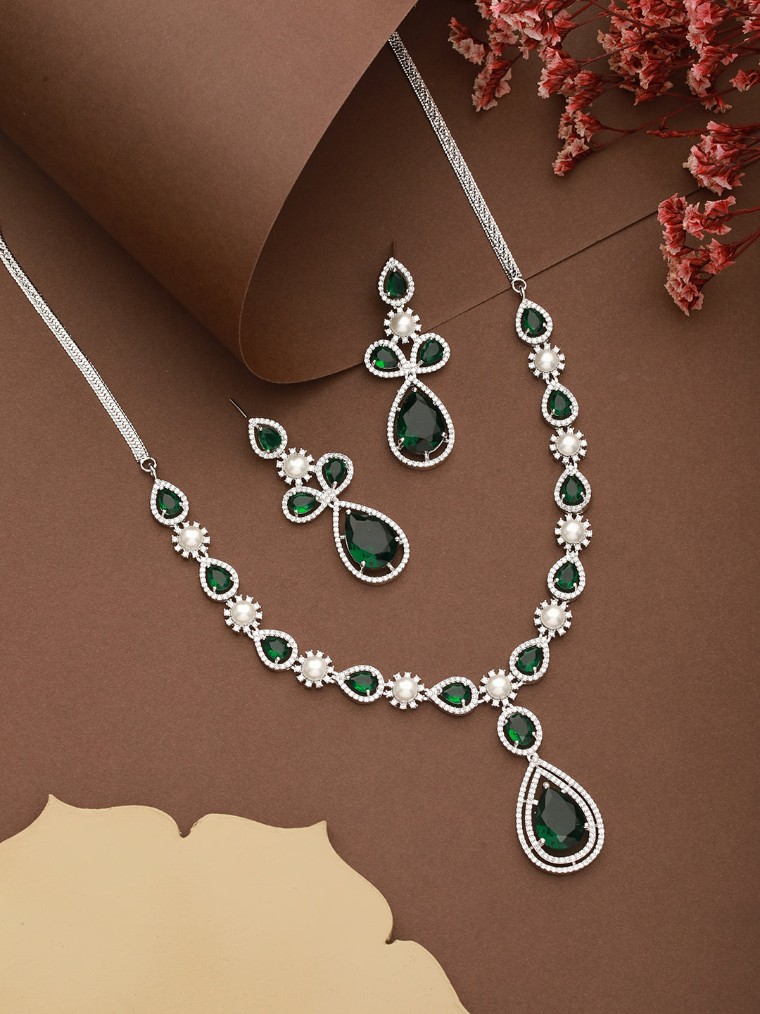 Silver Toned Green AD & Pearl Beaded Minimal Designer Jewellery Set