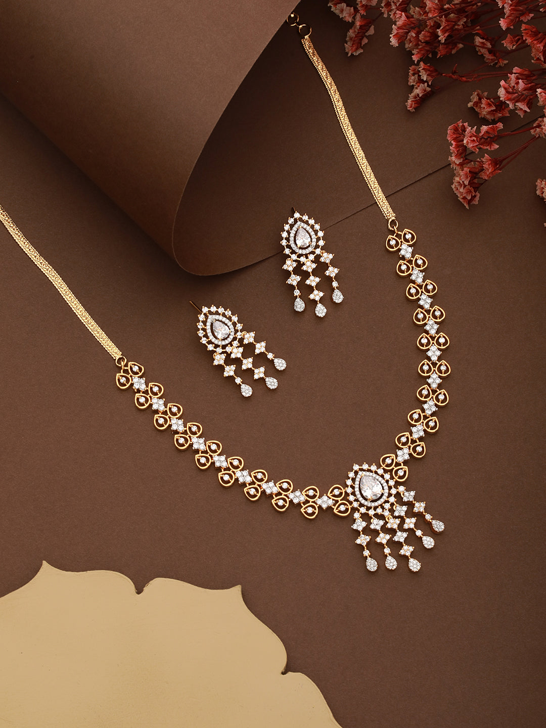 Gold Toned AD Studded Minimal Floral Delicate Pendant Jewellery  Set