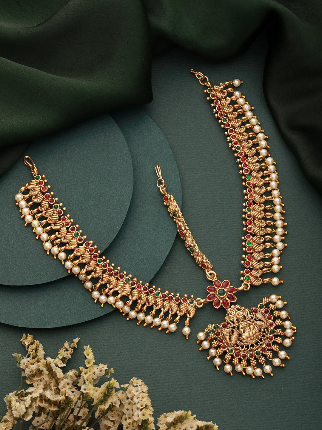 Gold Plated Kempo Studded & Pearl Beaded Bridal Antique Temple Damini Matha Patti