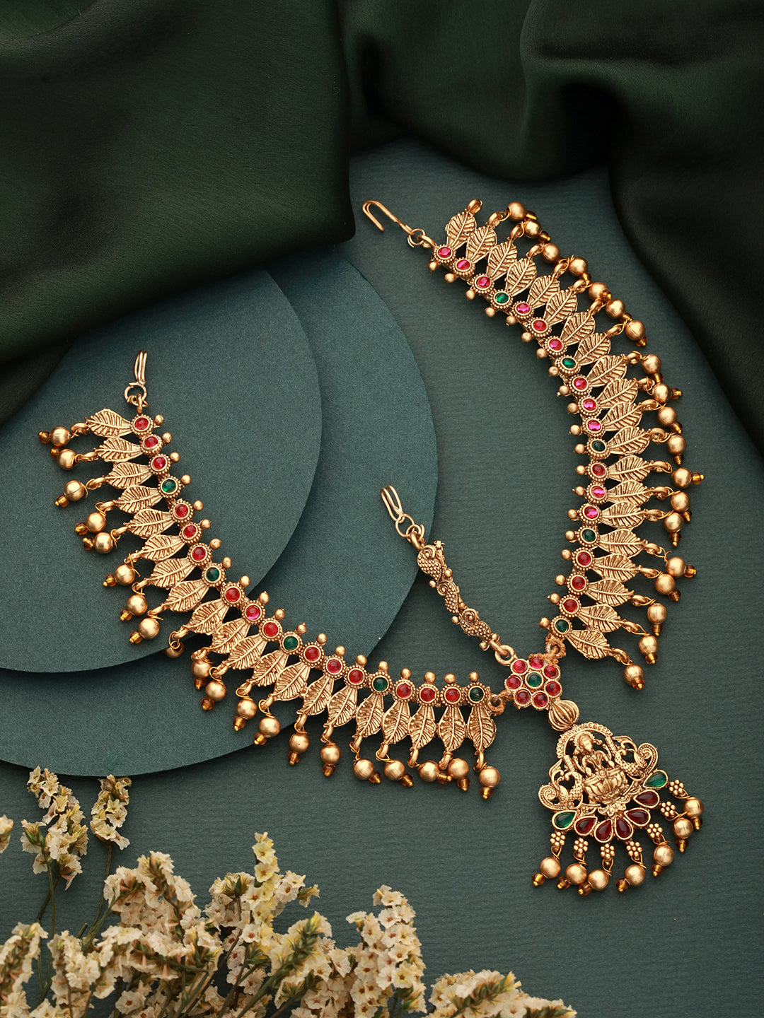Gold Plated Red Green Kempo Studded Lakshmiji Temple Bridal Damini Matha PattiMatha Patti Unknown