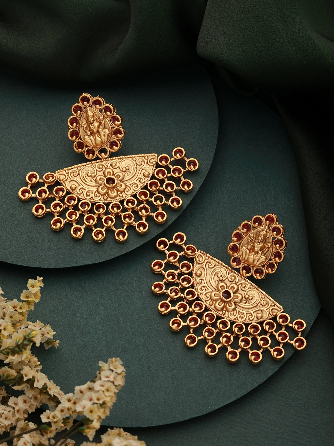 Gold Plated Red Stones Temple Lakshmiji Chandbali earrings