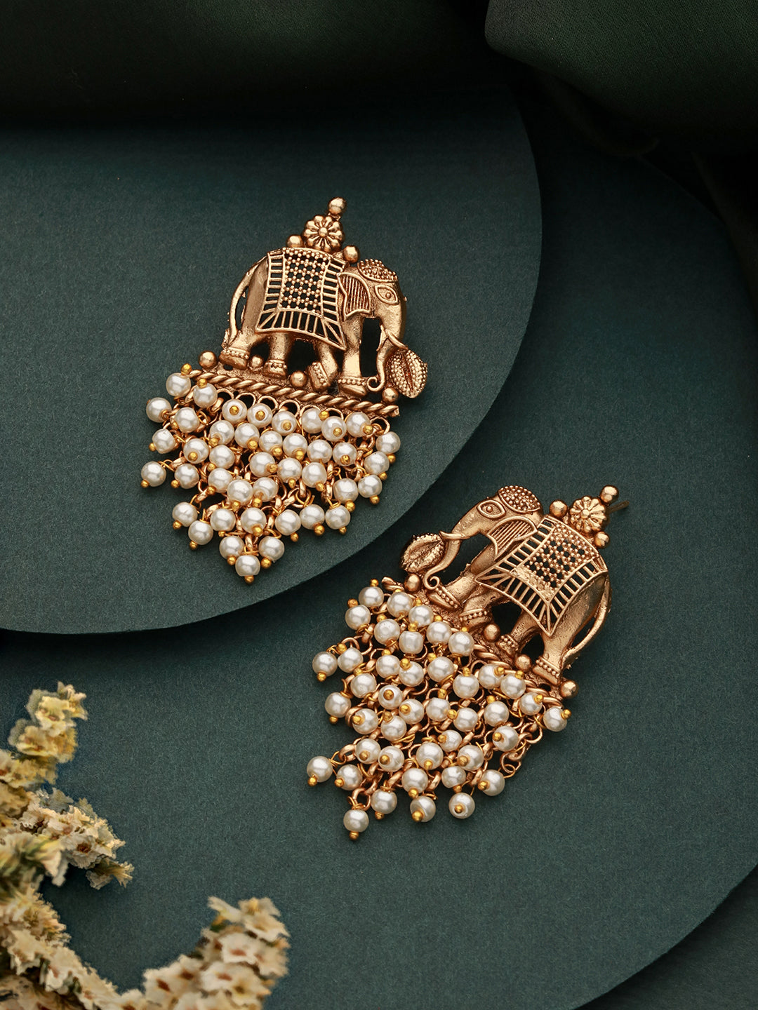 Gold Plated Pearl Beaded Temple Eleplant Motif Designer Earrings