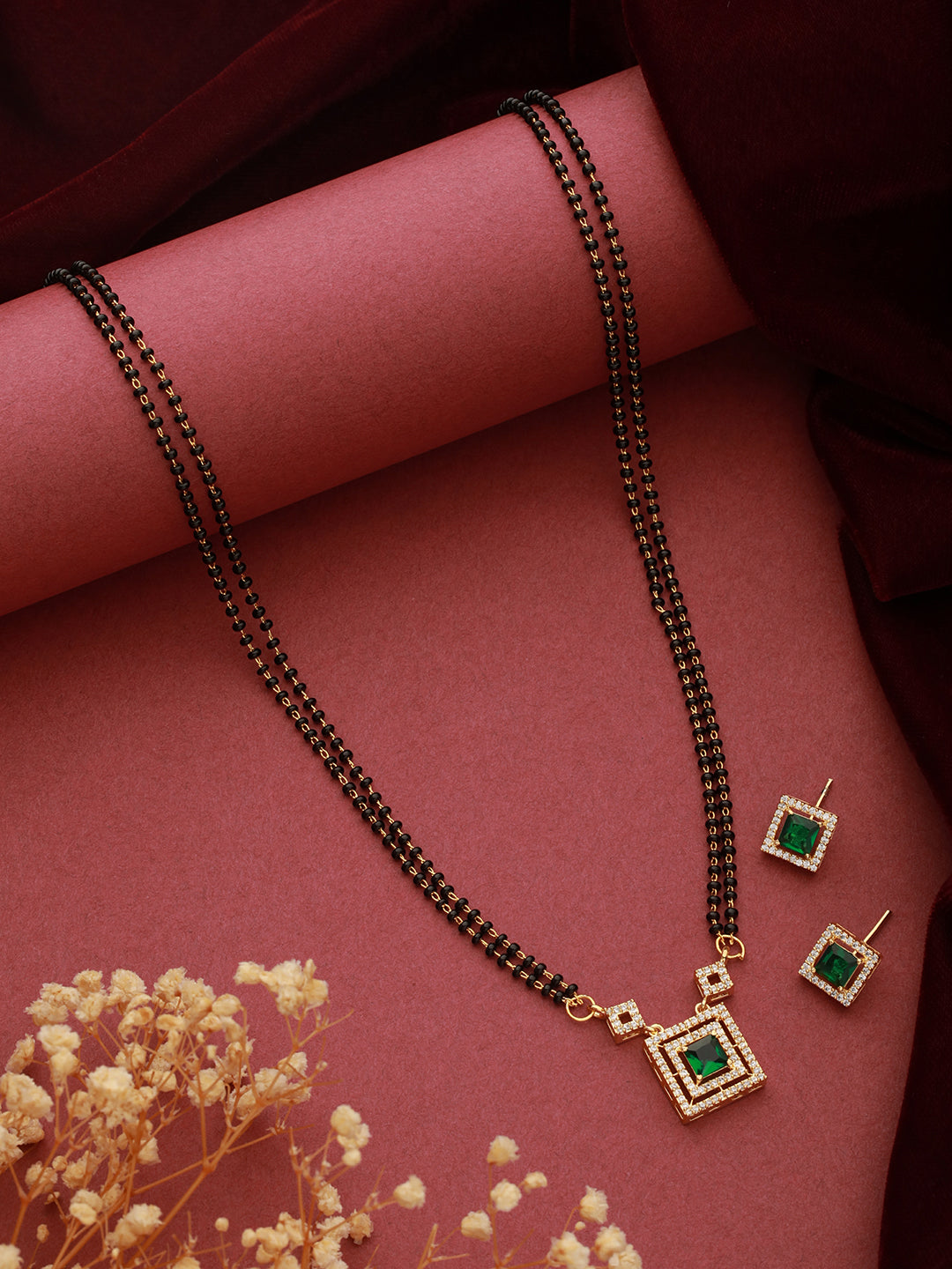 Gold Polish Green Zircon Minimal Officewear Mangalsutra Jewellery Set