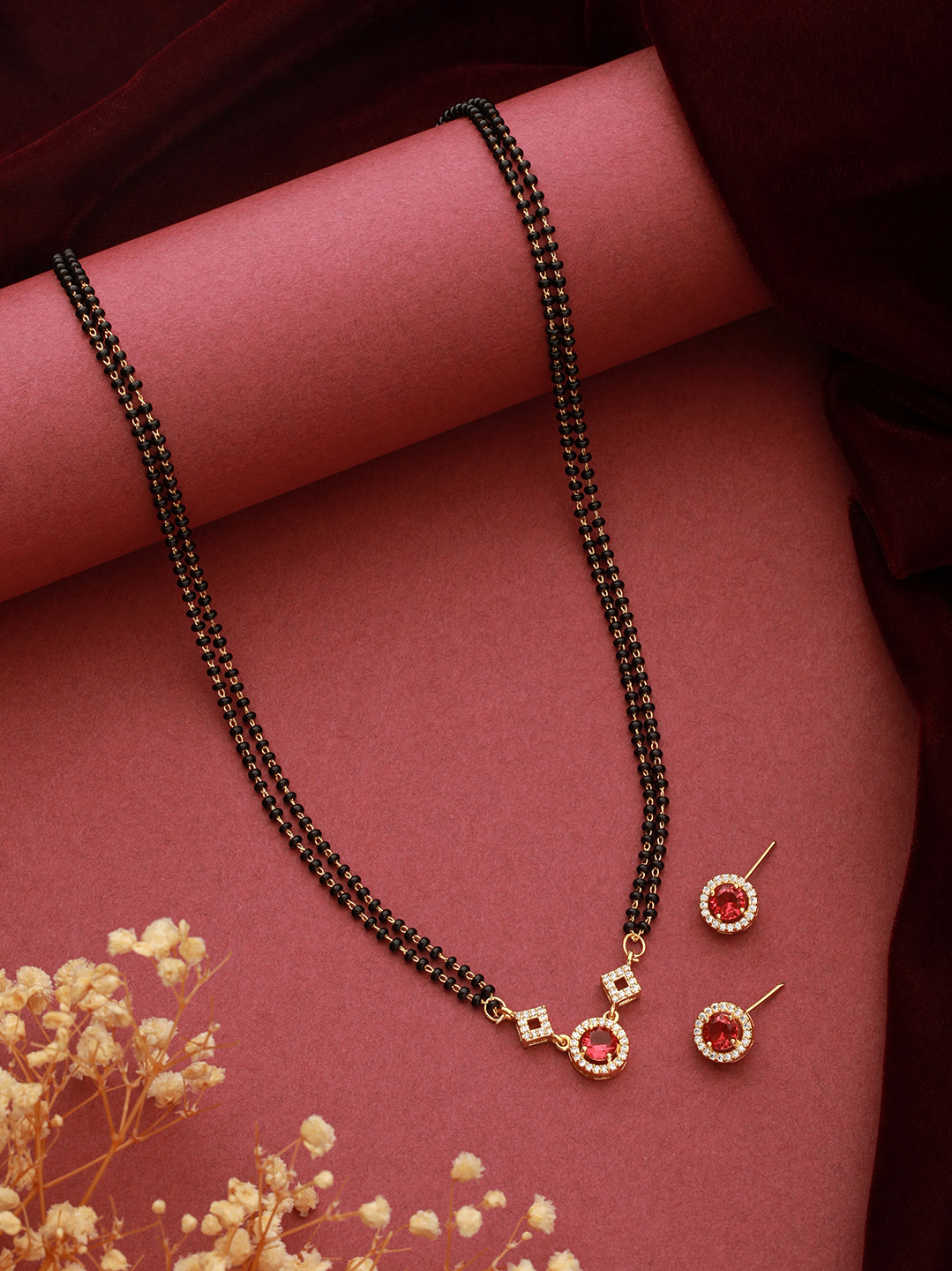 Gold Toned Ruby Red AD Minimal Mangalsutra Jewellery Set