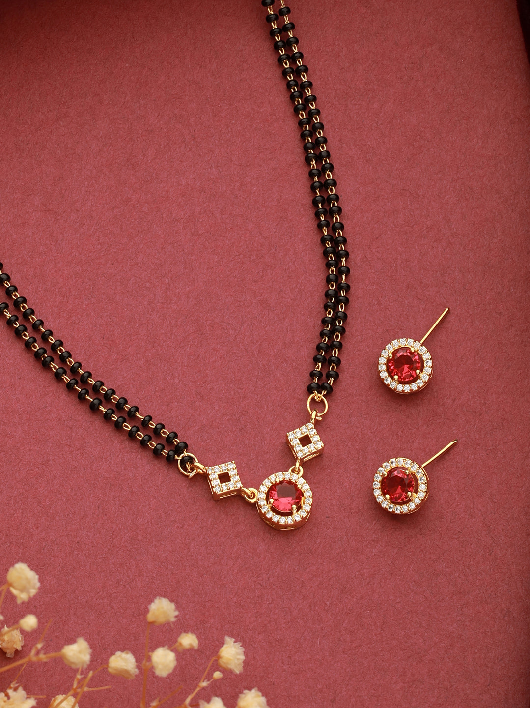 Gold Toned Ruby Red AD Minimal Mangalsutra Jewellery Set