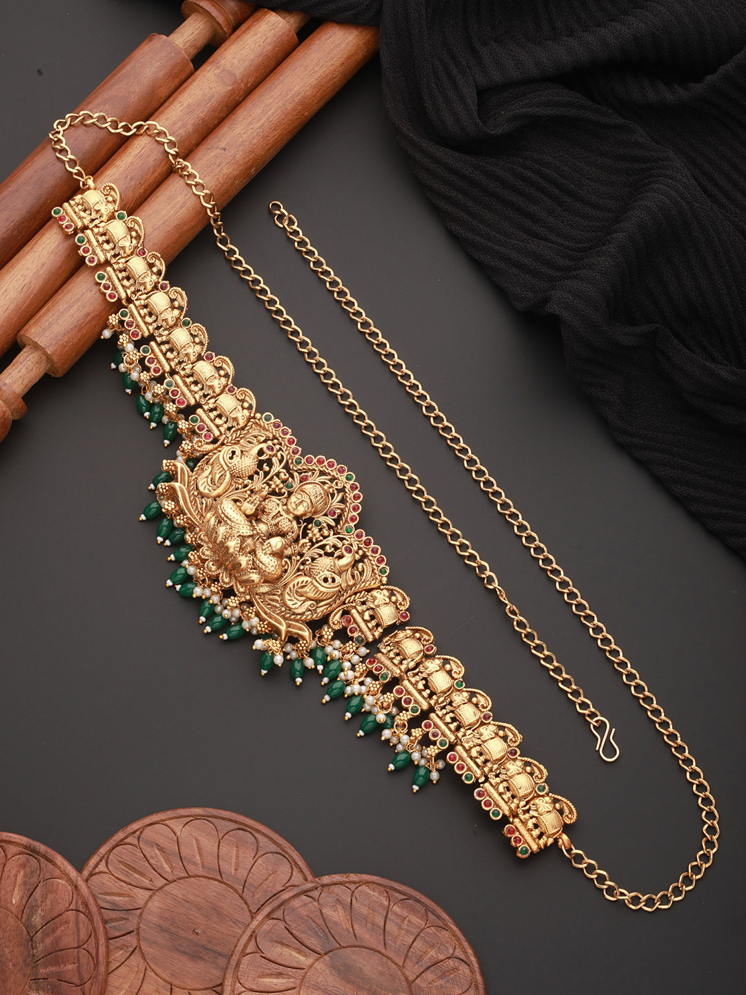 Matte Gold Plated Green Pearls Beaded Shri lakshmi Motif Bridal Hip Belt Kamarbandh