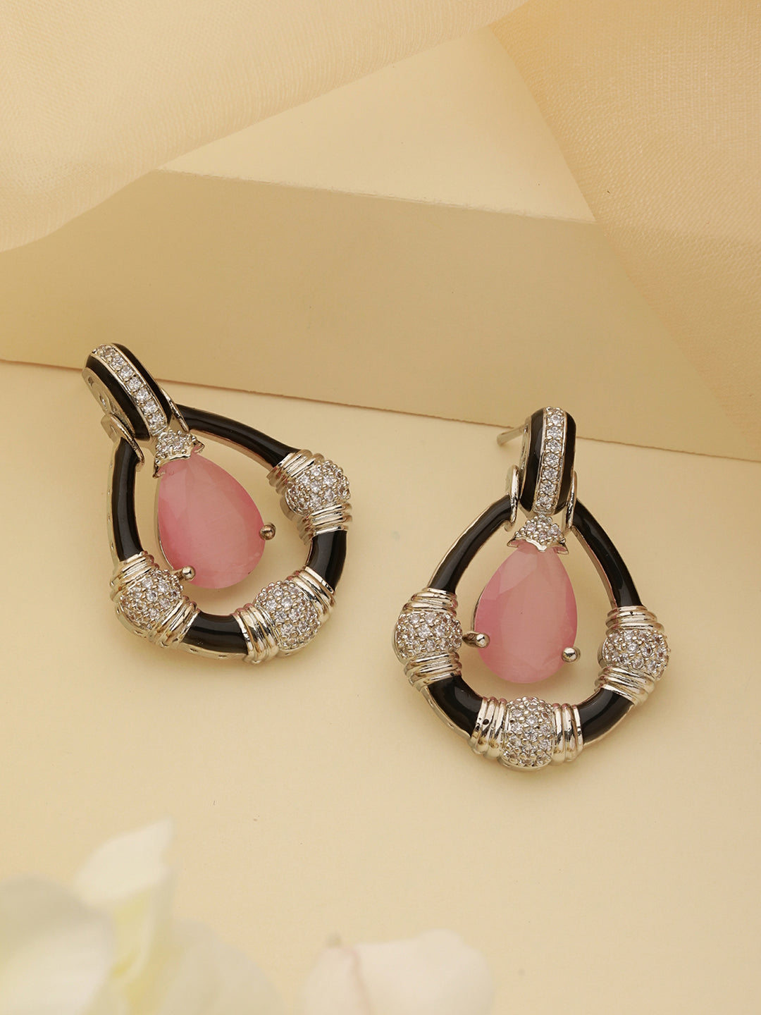 Black Enamelled Pink AD Minimal Tear Shaped Designer Earrings