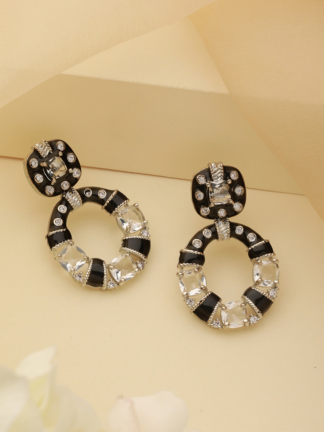 Black Enamelled White AD Studded Minimal Designer Chandbali Earring