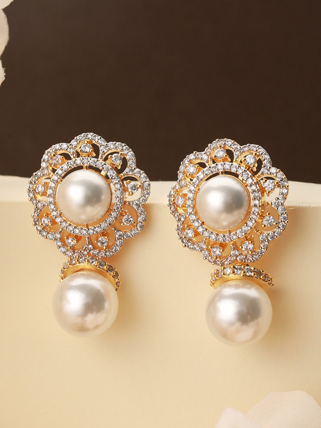 Gold Toned Ad & Pearl Beaded Floral Designer Studds Earrings