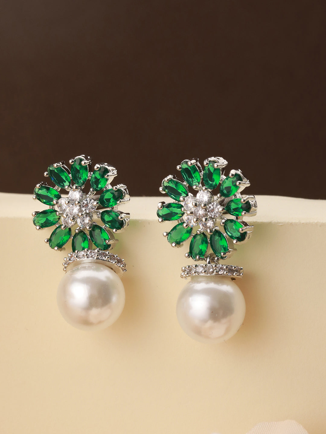 Silver Plated Green  AD & Pearl Beaded Floral Earrings