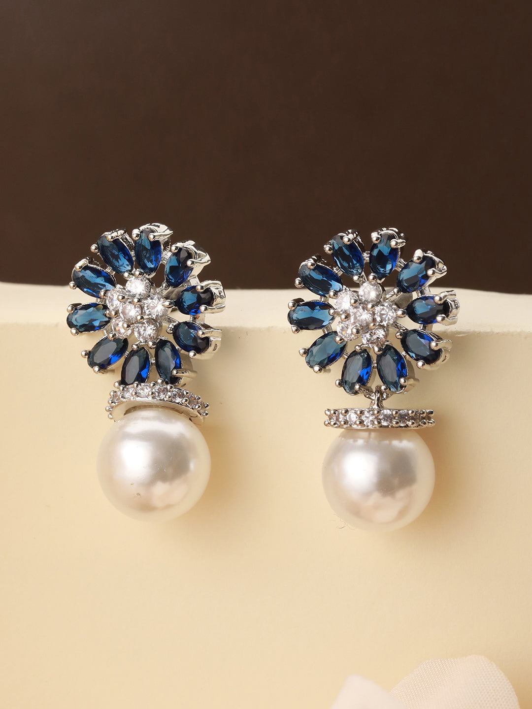 Silver Plated Blue  AD & Pearl Beaded Floral Earrings