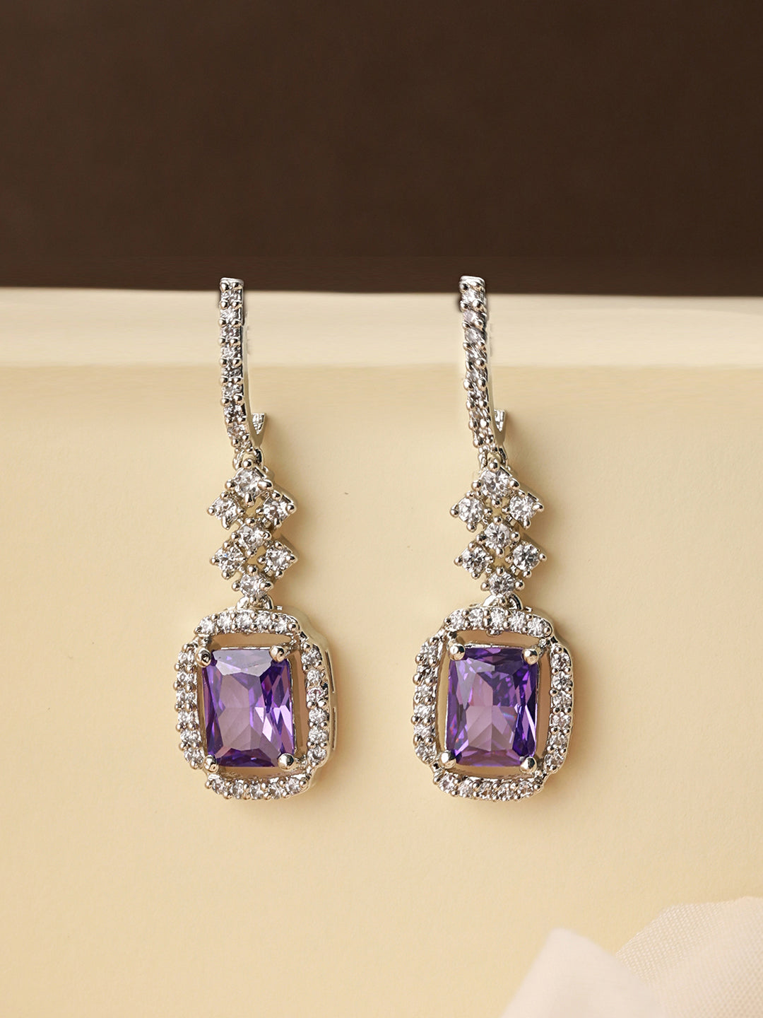 Silver Plated Lavender AD studded Minimal Officewear Drop Earrings