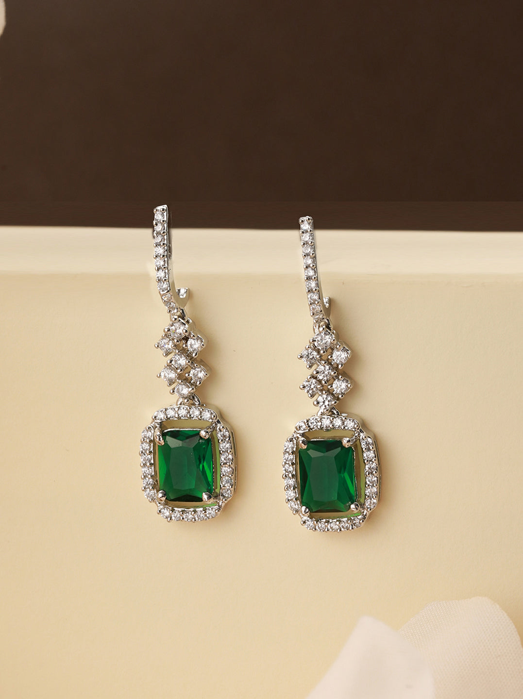 Silver Plated Green AD Minimal Dailywear Drop Earring