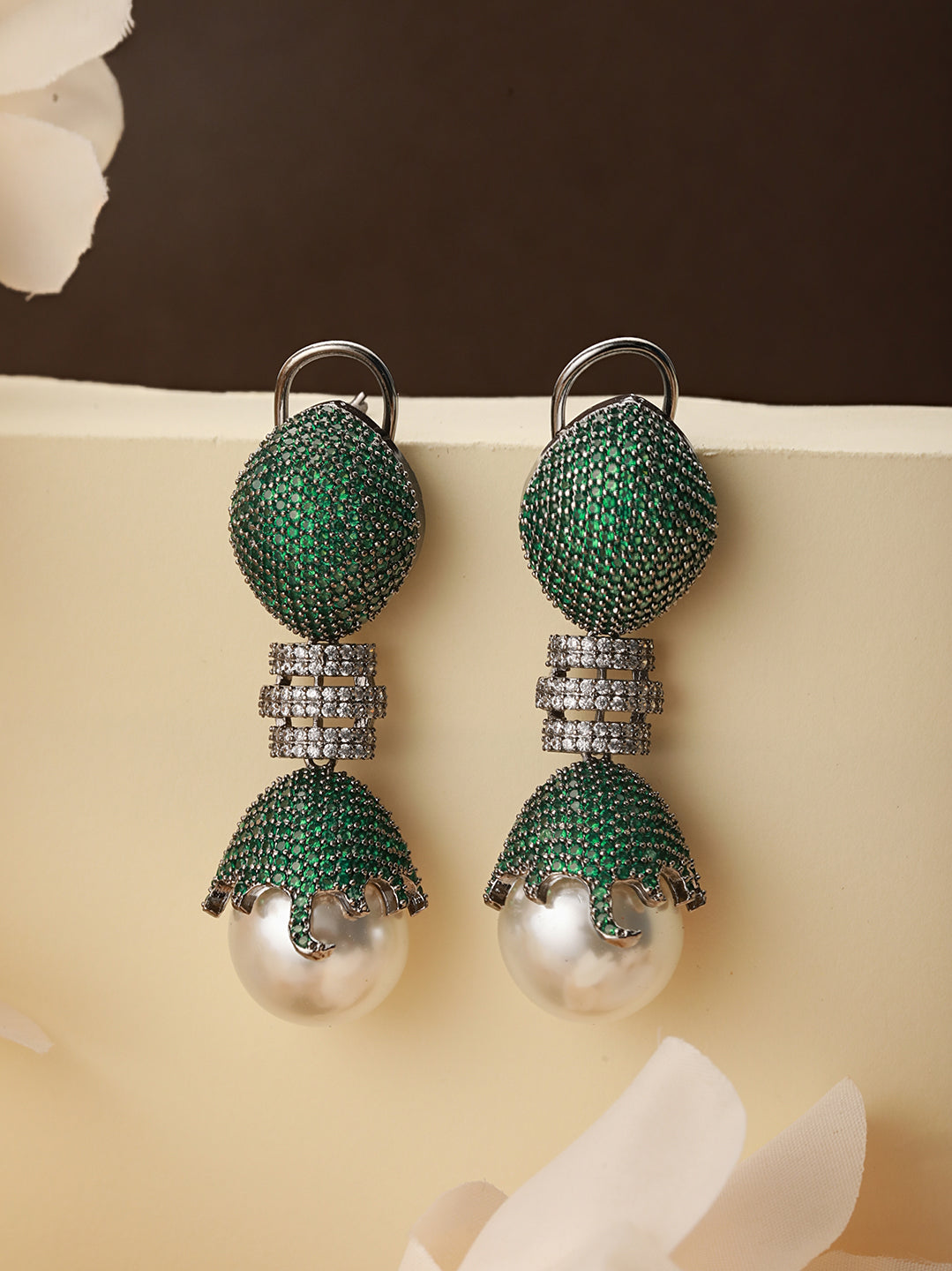 Green AD & Pearl Beaded Designer Luxe Drop  Earrings