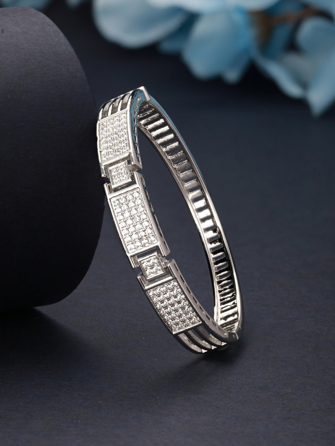 Silver Toned AD Studded Designer Sleek Kada Bracelet