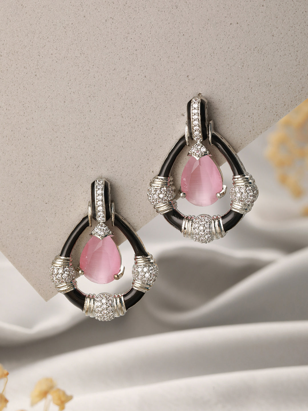 Black Enamelled Pink AD Minimal Tear Shaped Designer Earrings