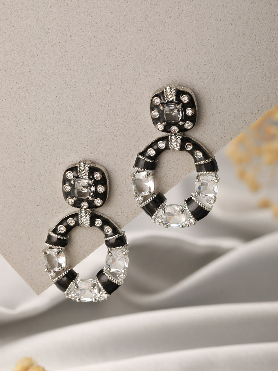 Black Enamelled White AD Studded Minimal Designer Chandbali Earring