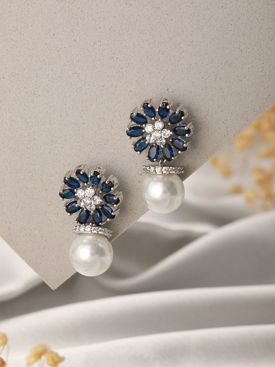 Silver Plated Blue  AD & Pearl Beaded Floral Earrings