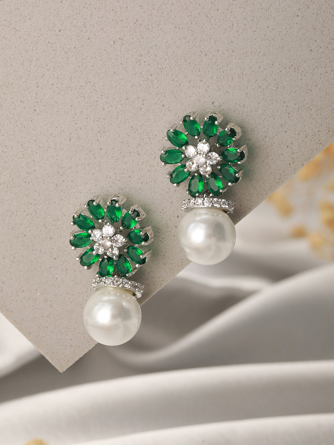 Silver Plated Green  AD & Pearl Beaded Floral Earrings