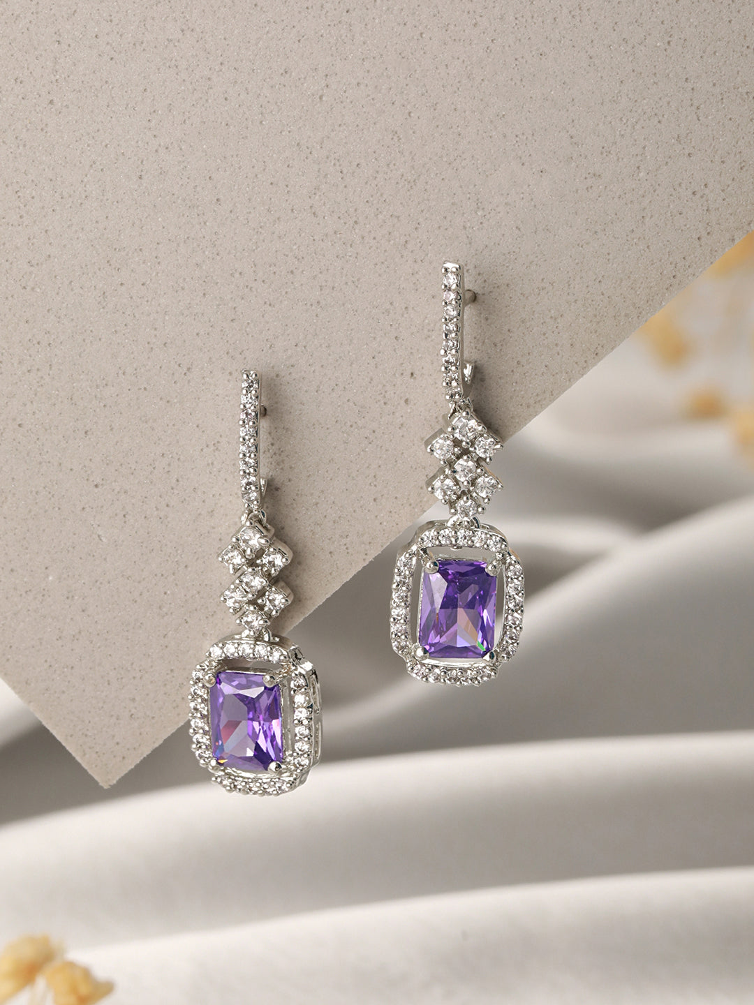 Silver Plated Lavender AD studded Minimal Officewear Drop Earrings