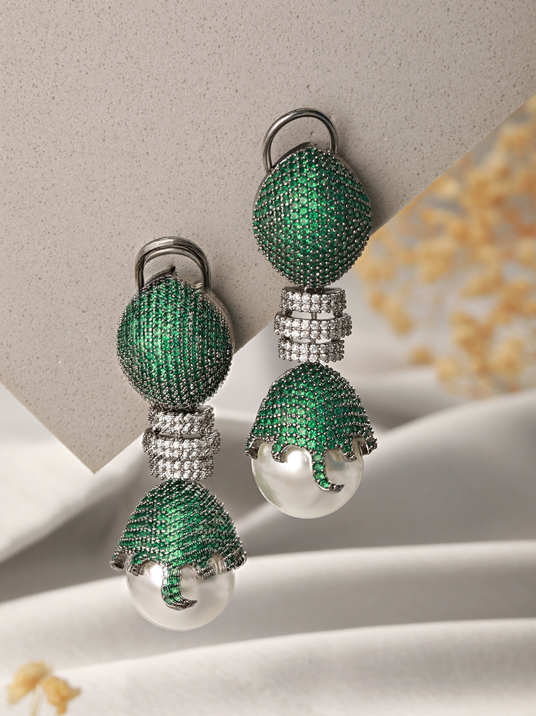 Green AD & Pearl Beaded Designer Luxe Drop  Earrings