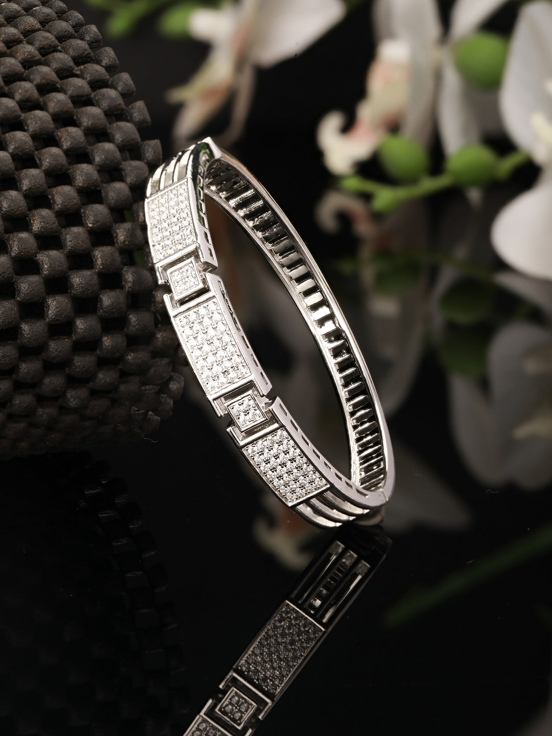Silver Toned AD Studded Designer Sleek Kada Bracelet