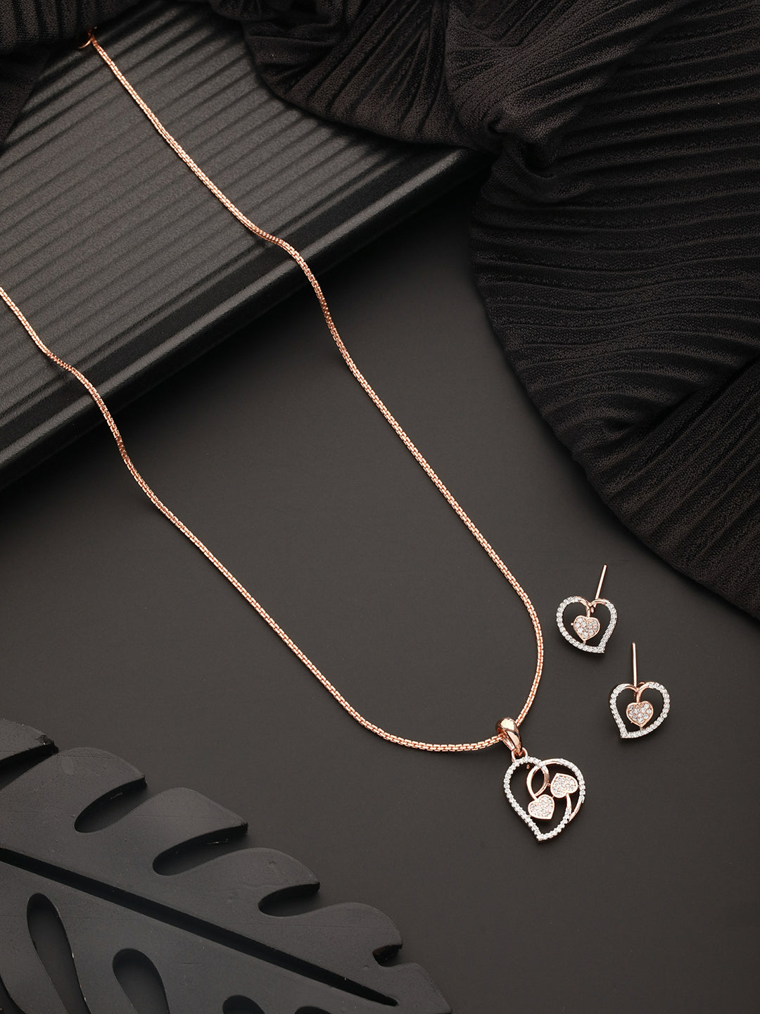 Rose Gold Toned AD Heart Shaped Minimal dailywear Locket Jewellery  set
