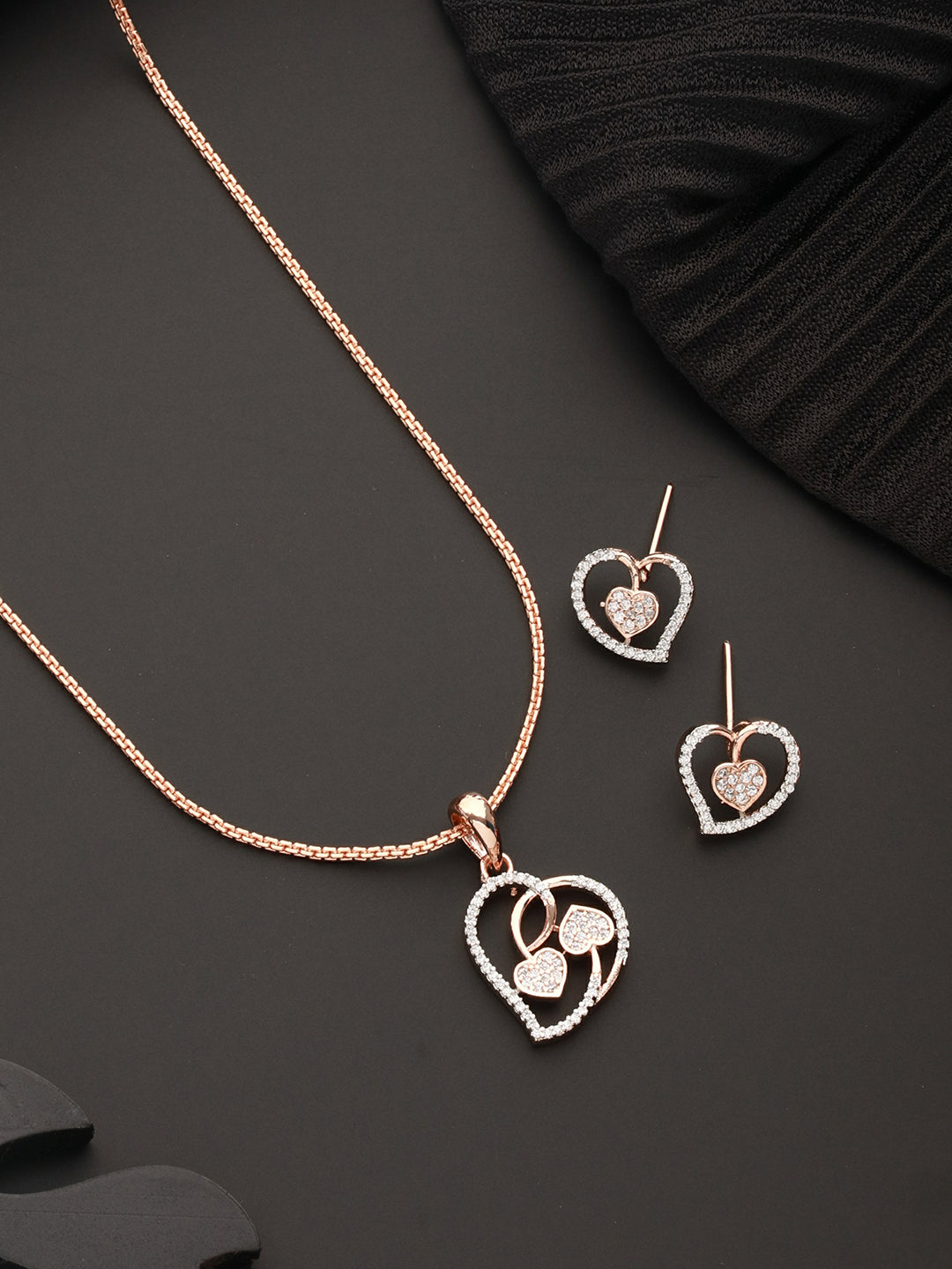 Rose Gold Toned AD Heart Shaped Minimal dailywear Locket Jewellery  set
