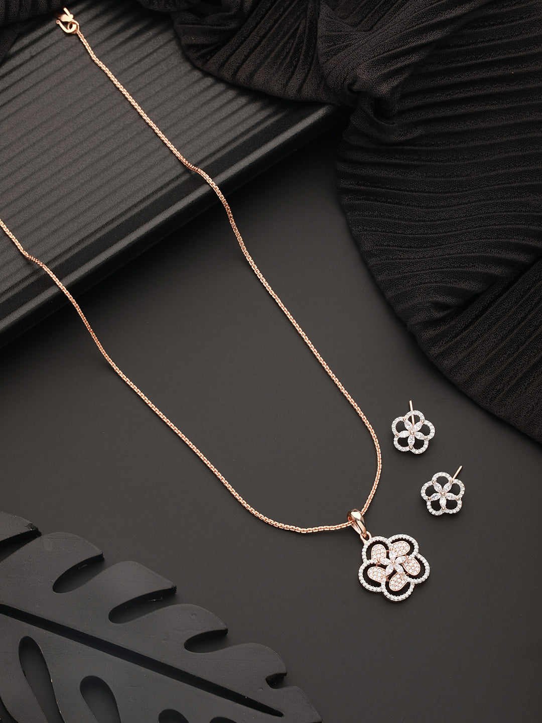 Rose Gold Plated AD Studded Minimal Floral Officewear Locket Jewellery  Set