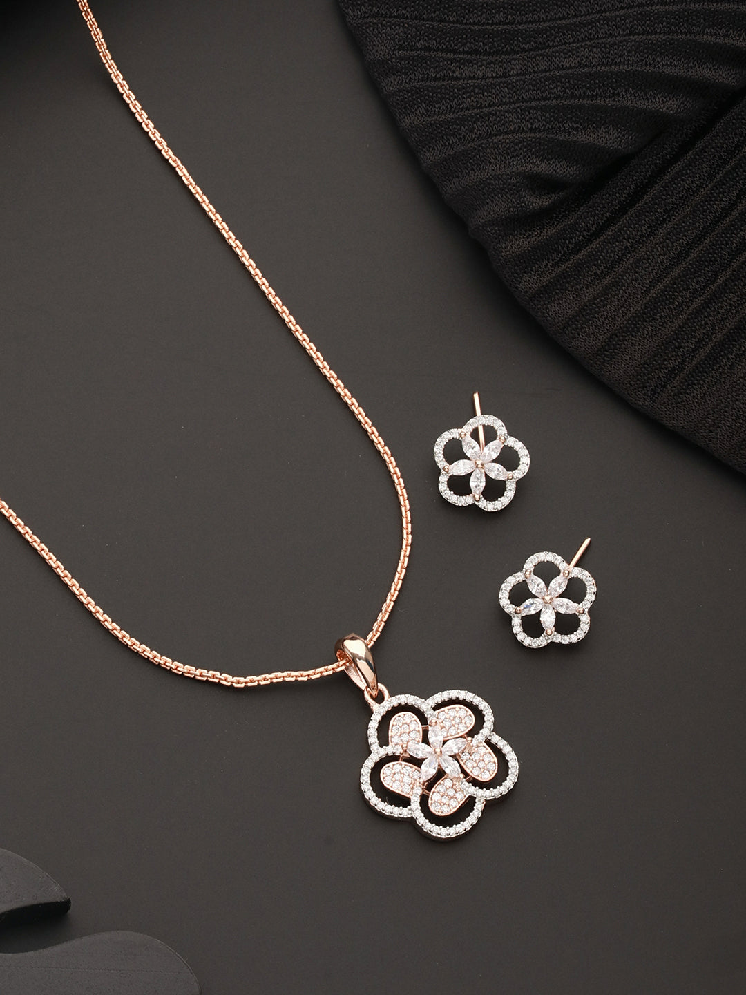 Rose Gold Plated AD Studded Minimal Floral Officewear Locket Jewellery  Set