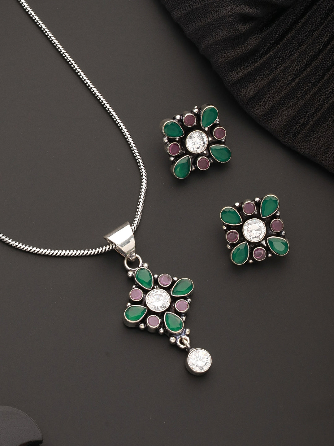 Silver Oxidised Red & Green Stones Minimal Officewear Locket  Jewellery Set