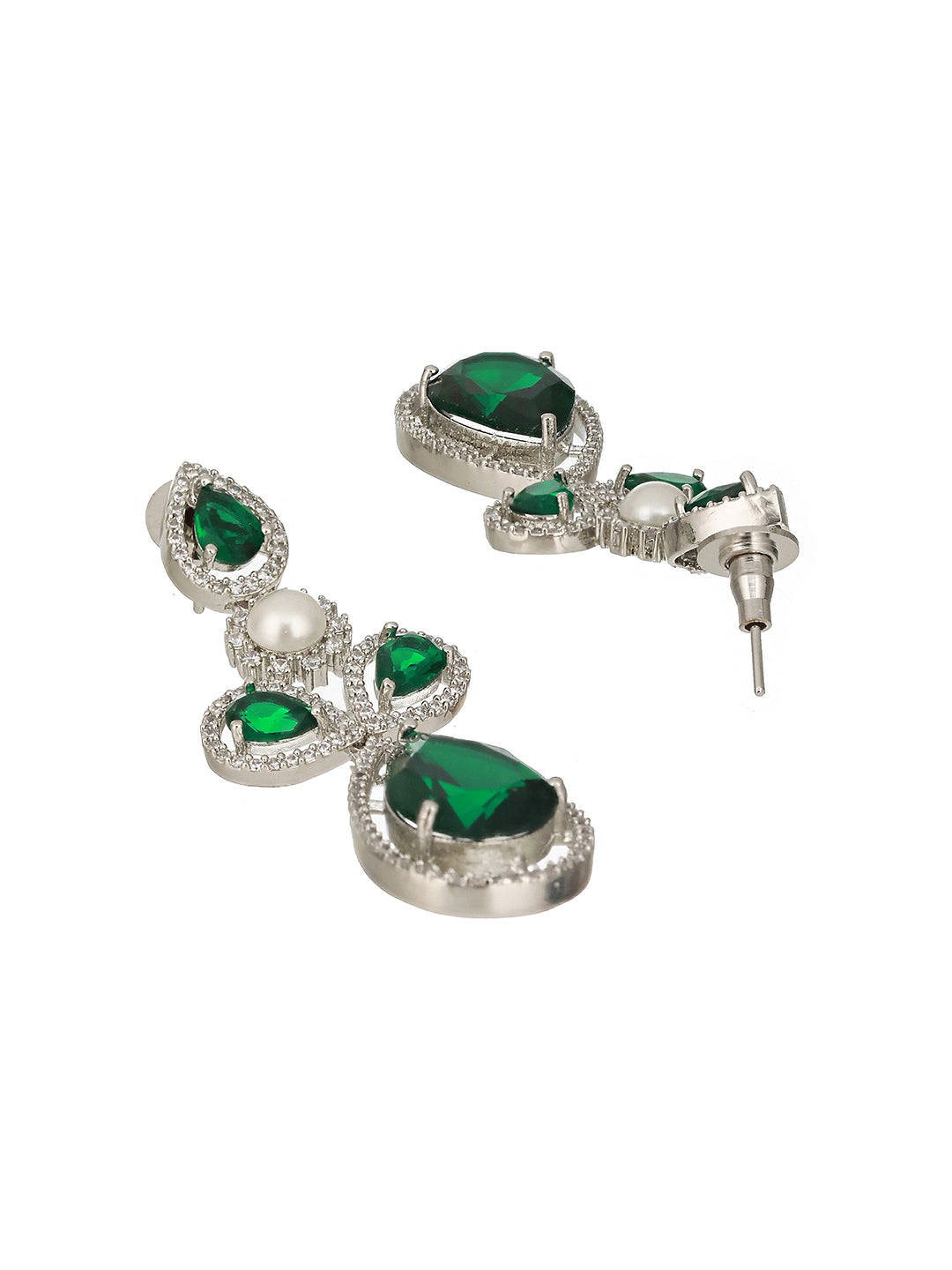 Silver Toned Green AD & Pearl Beaded Minimal Designer Jewellery Set