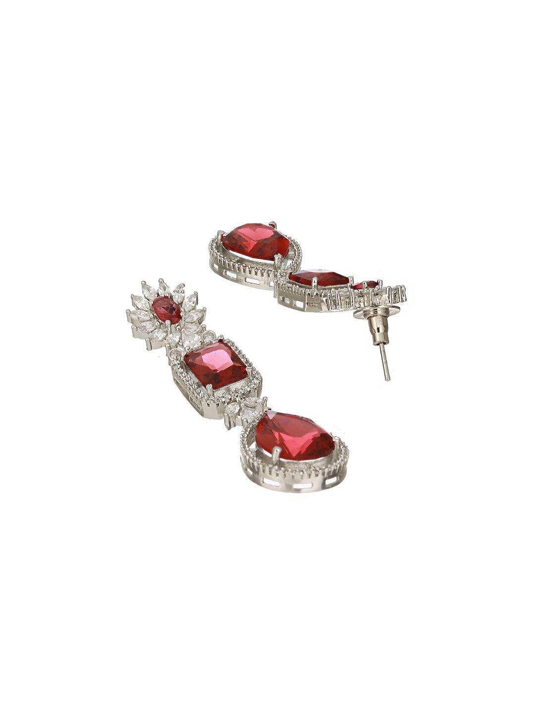 Silver Plated Red Ruby Studded Double lined Modern Bridal Jewellery Set
