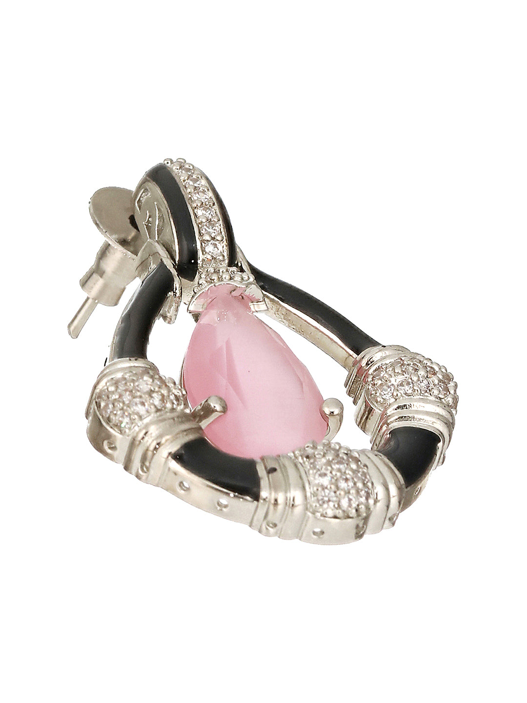 Black Enamelled Pink AD Minimal Tear Shaped Designer Earrings