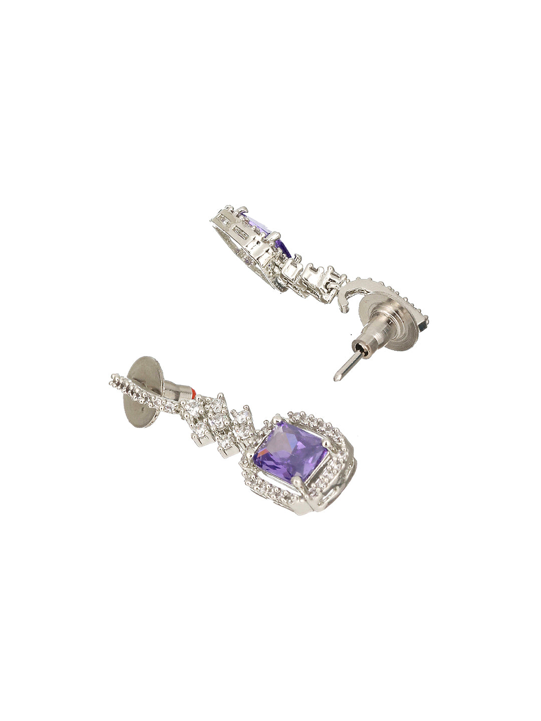 Silver Plated Lavender AD studded Minimal Officewear Drop Earrings