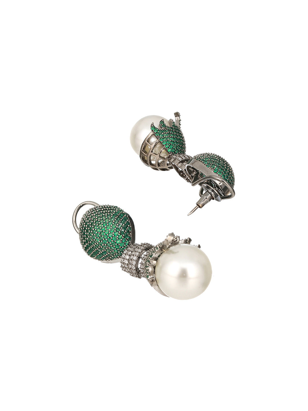 Green AD & Pearl Beaded Designer Luxe Drop  Earrings