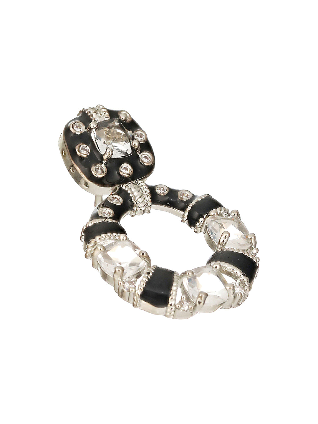 Black Enamelled White AD Studded Minimal Designer Chandbali Earring