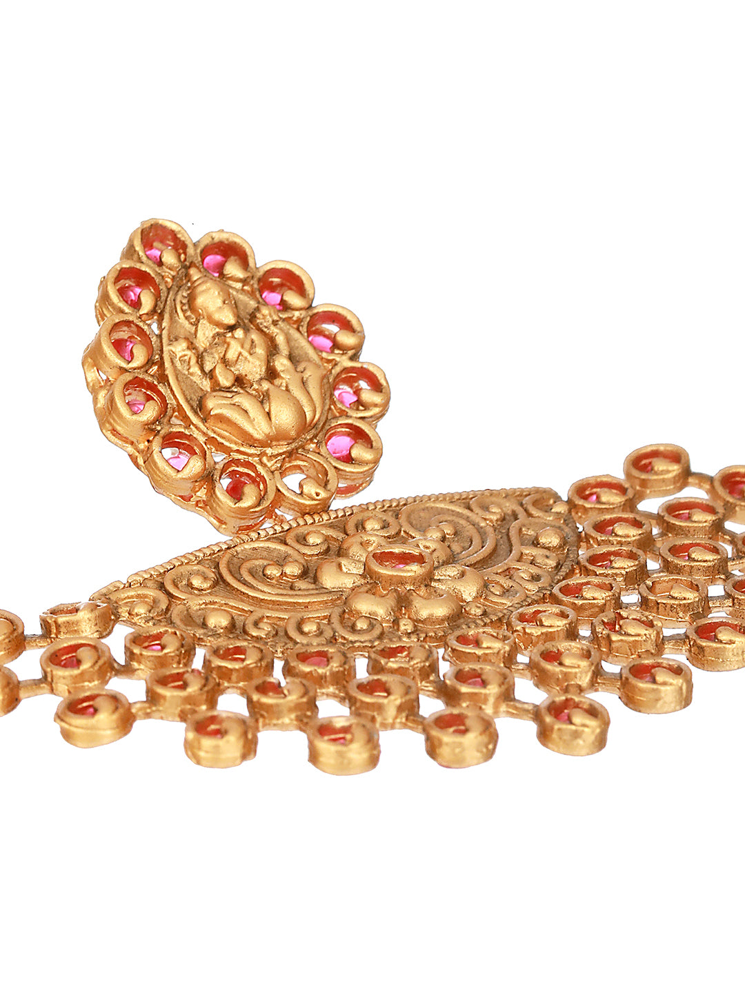 Gold Plated Red Stones Temple Lakshmiji Chandbali earrings