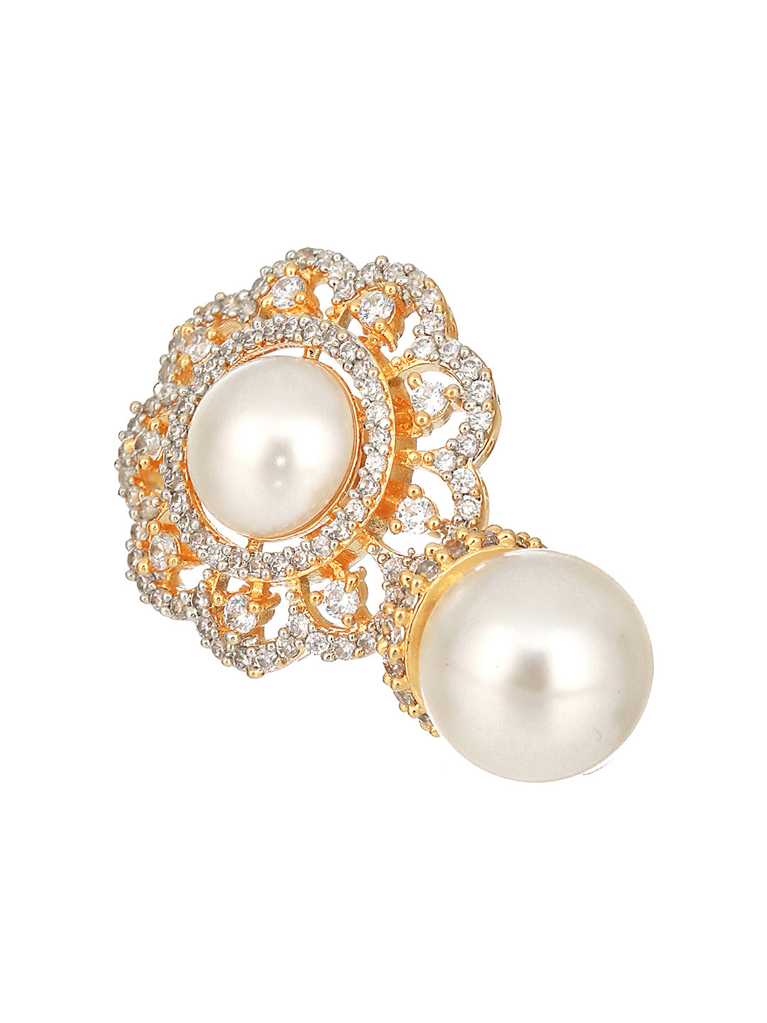 Gold Toned Ad & Pearl Beaded Floral Designer Studds Earrings