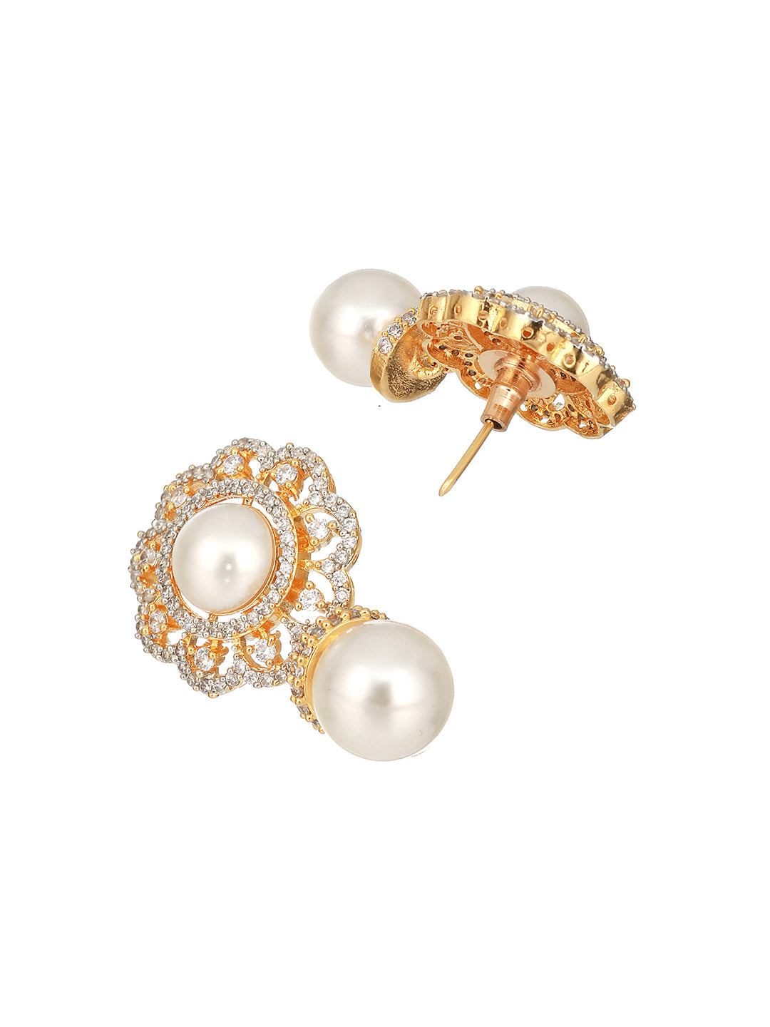 Gold Toned Ad & Pearl Beaded Floral Designer Studds Earrings