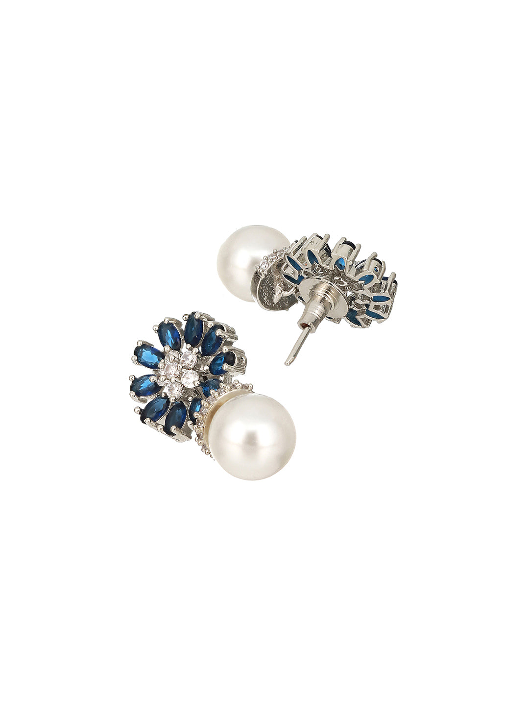 Silver Plated Blue  AD & Pearl Beaded Floral Earrings
