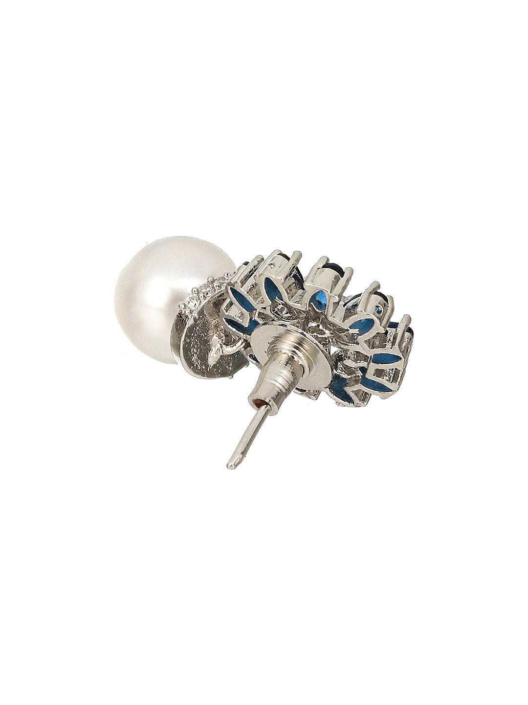 Silver Plated Blue  AD & Pearl Beaded Floral Earrings