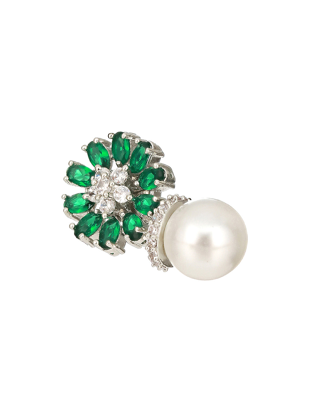 Silver Plated Green  AD & Pearl Beaded Floral Earrings