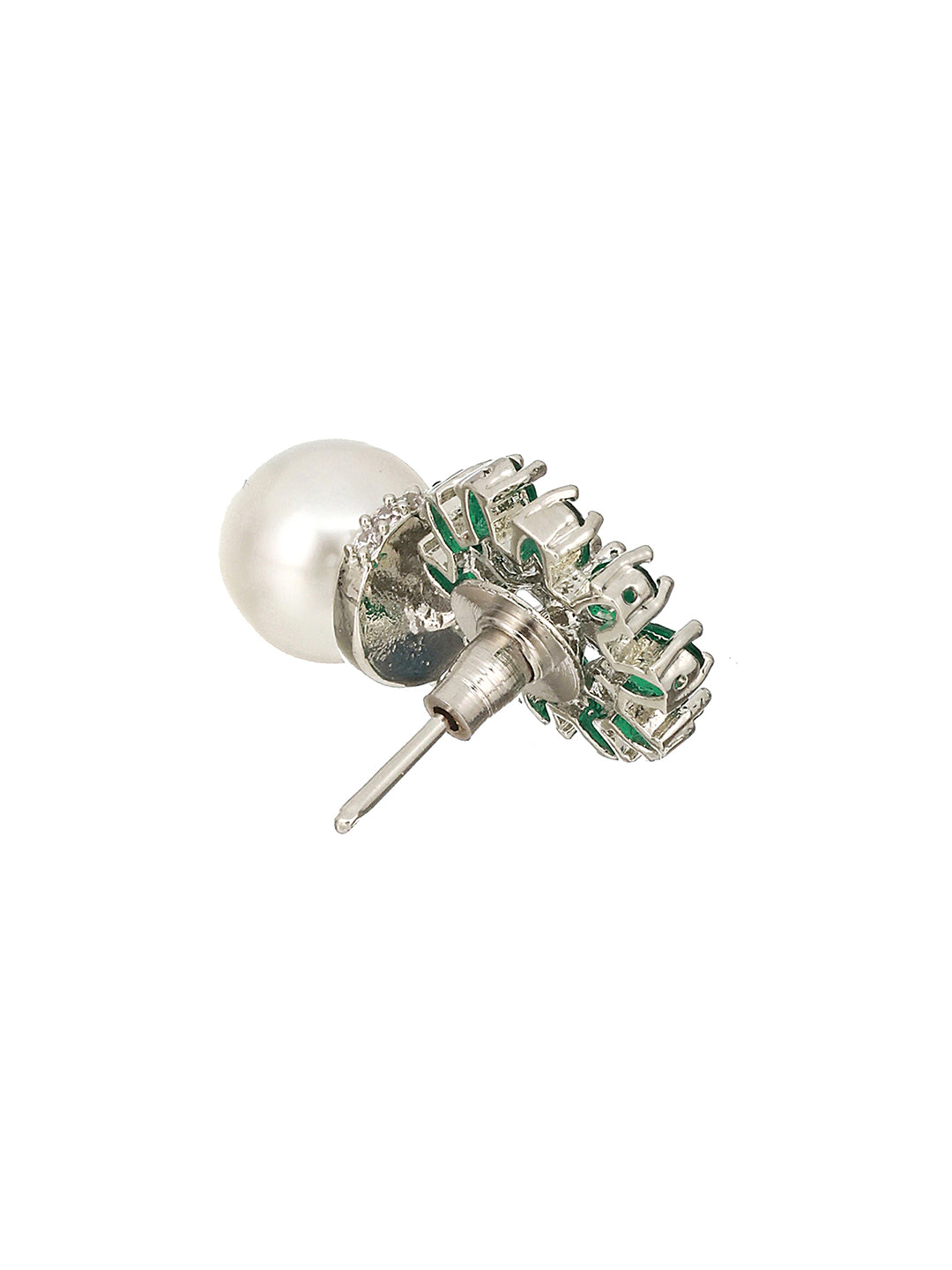 Silver Plated Green  AD & Pearl Beaded Floral Earrings